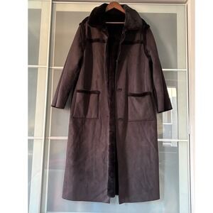 Vintage Black Women Long Faux Suede Shearling Fur Lined Reversible Coat Jacket L